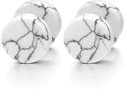 6MM Bianco Marmo Orecchini da Uomo Donna, Finto Dilatatore Fake Cheater Plug Gauges, Acciaio Inossidabile, 1 Paio