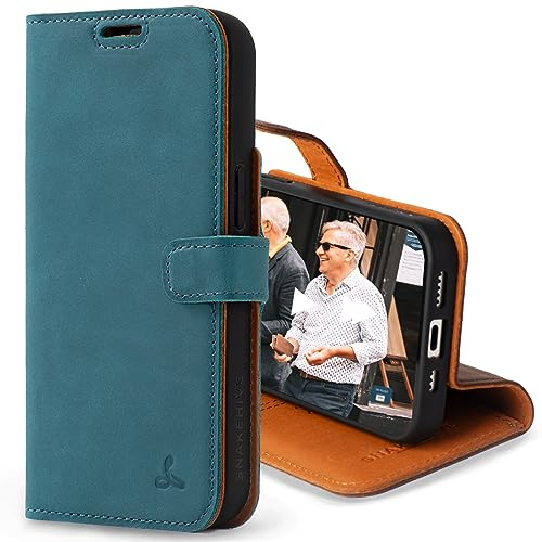 Snakehive Leather Wallet for iPhone 15 - Real Leather Wallet Phone Case - Genuine Leather with Viewing Stand and 3 Card Holder - Flip Folio Cover with Card Slot (Teal)