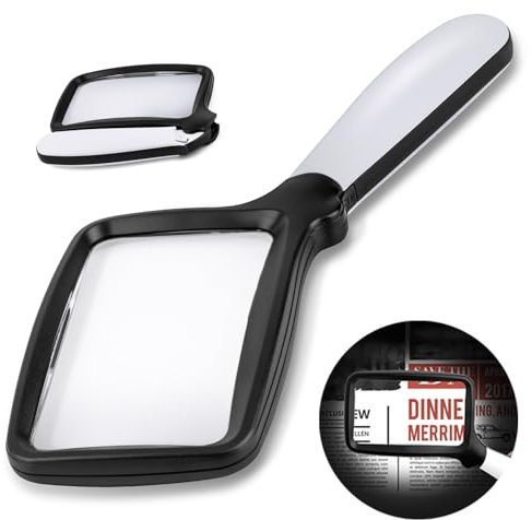 Loupe de lecture pliante avec lumière, grand rectangle 3X avec LED à intensité variable pour personnes âgées souffrant de dégénérescence maculaire, journaux, livres, petits imprimés (noir, 3X)