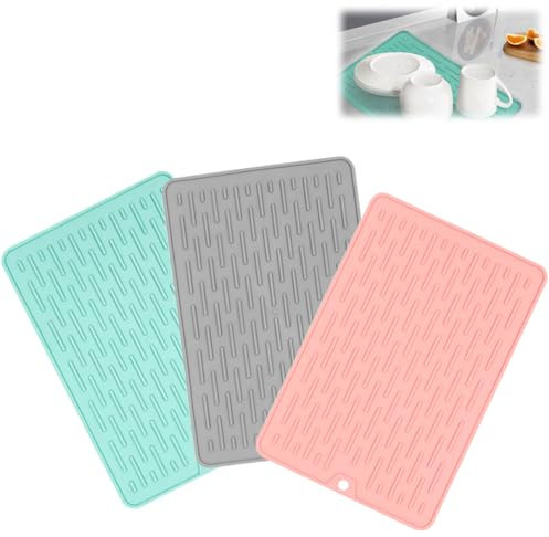 Helweet Tappetino Scolapiatti Silicone, Scolapiatti Per Stoviglie, Tappetini Per Posate in Silicone, Tappetino Lavello Per Cucina, Asciugatura Rapida, 3 Pezzi, Blu + Grigio + Rosa (20 X 30cm)