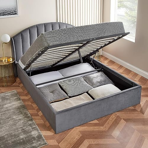 Home Treats Grey Single Bed Frame Curved | Winged Headboard Ottoman Storage Bed | Velvet Upholstered Bed 3FT 90 x 190cm (Single, No Mattress)