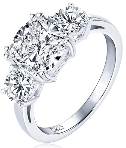 EONFUN 3 Stone Moissanite Engagement Rings for Women 3.5CTTW D Color Cushion Cut 925 Sterling Silver Wedding Ring Gift for Wife (Ring Size 6)