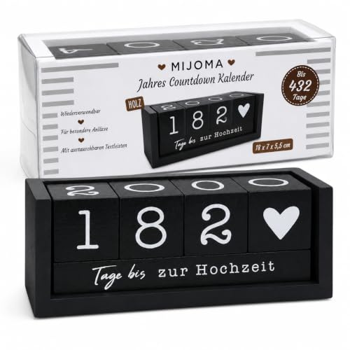 MIJOMA År nedräkningskalender av trä – permanent bordskalender med dekorativa kuber – upp till 432 dagar för speciella tillfällen (svart – tysk utgåva, ca. 18 × 7 × 5,5 cm)