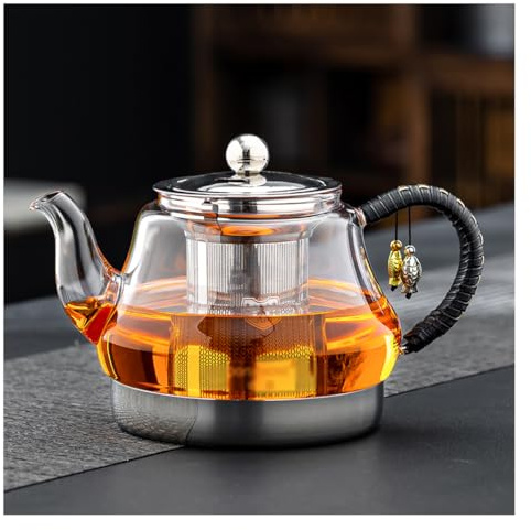 Bollitore per Fornelli Speciale Teiera con Manico Freddo, Teiera in Vetro Borosilicato Resistente al Calore con Filtro Interno in Acciaio Inox, Bollitore per Tè con Fiori in Vetro per Fornelli - 800ml