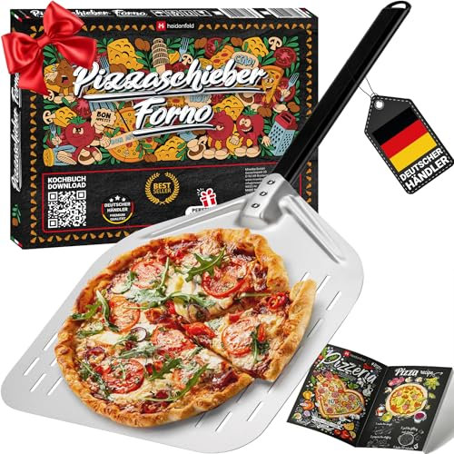 Heidenfeld Premium Pizzaschieber Forno | Pizzaschaufel perforiert - Große Fläche 34.0 x 33.0 cm - Schieber für Pizzastein - Griff ergonomisch 31.0 cm - Pizza Zubehör - Pizzapfanne (Forno 13 Zoll)