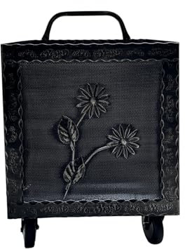 Porta Legna a Carrello in Ferro Battuto, 42x37x72 cm, con Ruote, per Camino e Stufa, Motivo floreale (Grigio)