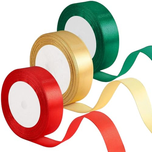 3 rotoli di nastro in raso, 2 cm x 22 m Regalo Nastri di Natale oro, verde e rosso per Confezionare Regali,Feste di Compleanno,Matrimoni, Abbellire (66 m in totale)
