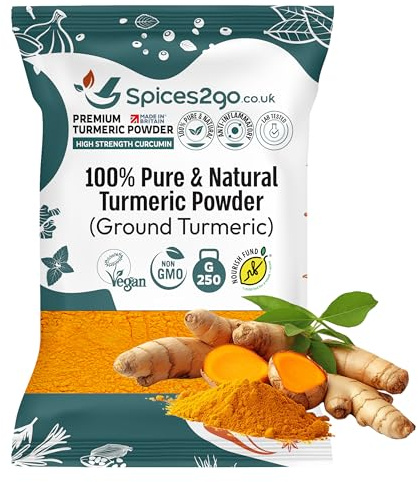 Spices2Go Premium Turmeric Powder - 100% Pure Turmeric Ground, Curcumin, Holud | Haldi | Haldar | Haladi, Long Shelf Life, GMO-Free, Made In Britain, Haldi, Tumeric (250G)