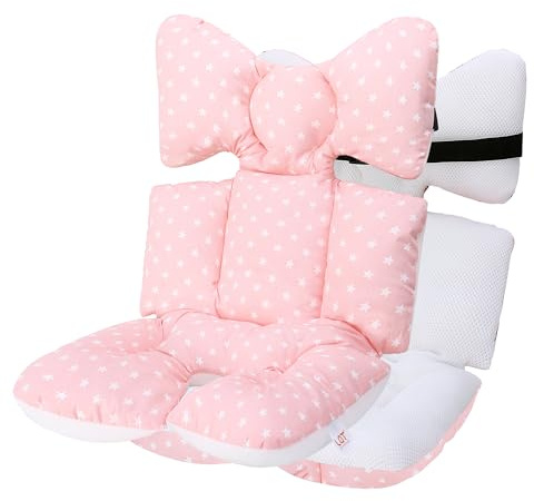 Baby Stroller Cushion, Baby Pushchair Seat Liners Pram Liner Universal Baby Stroller Seat Cushion Soft and Breathable 3D Air Mesh Cotton Pushchair Accessories (Pink+White Stars)