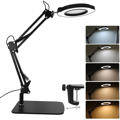 Lente d'ingrandimento con luce e supporto, 10 x lampada con lente d'ingrandimento con luce, 5 modalità di colore, dimmerabile, con illuminazione, lente d'ingrandimento di base grande con lampada per
