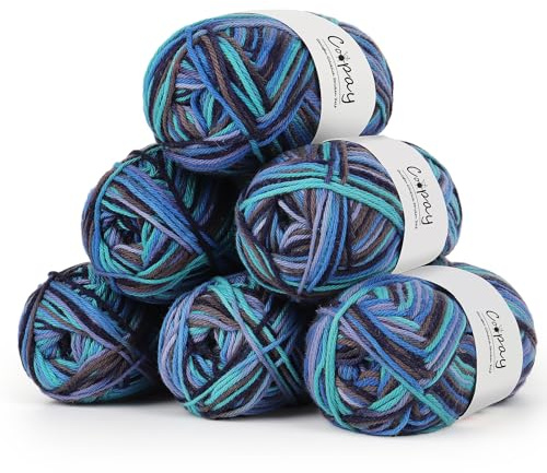 Coopay, lana per uncinetto, 100% cotone per lavorare a maglia, 6 x 50 g di morbido filato di cotone per uncinetto, lana per bambini, filato di cotone per maglioni, calzini, coperta per neonati - Blu