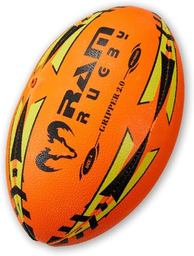 Ram Rugby Gripper 2.0 Inghilterra n. 1, cucito a mano, impugnatura 3D per un controllo ottimale della palla, con pompa a doppia valvola (arancione fluo, taglia 4)