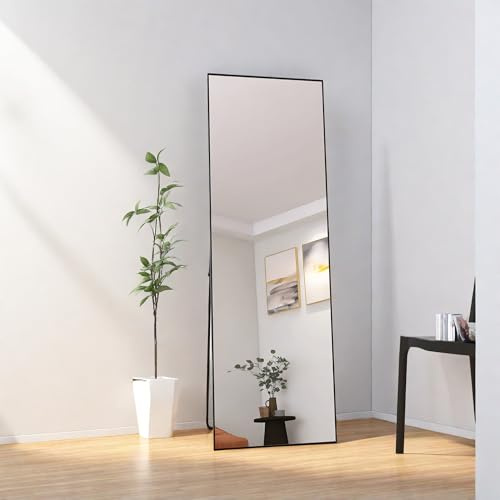 Specchio rettangolare a figura intera, 162 x 53 cm, cornice in alluminio nero, montaggio a parete o autoportante, ideale per bagno e camera da letto, elegante specchio da pavimento per la decorazione