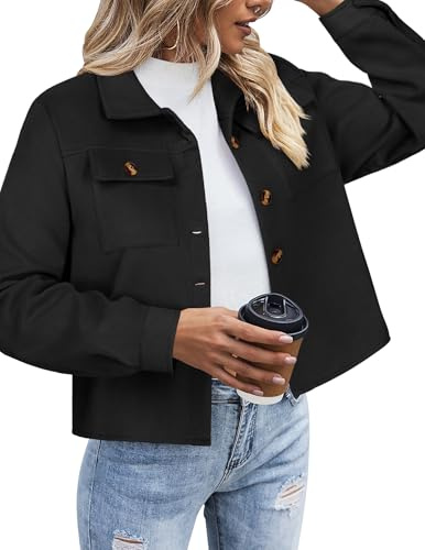 Zeagoo Chaqueta de franela para mujer a cuadros de manga larga chaqueta corta con solapa abotonada tipo camisa-chaqueta abrigo, Negro , M