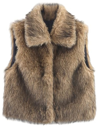 Comebachome Gilet in pelliccia sintetica, elegante colletto con revers senza maniche gilet peloso abbottonato corto invernale da donna, grigio marrone, S, Heimdekorationen
