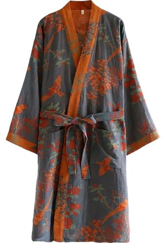 Vobumix Batas De Algodón para Mujer, Tipo Kimono Larga De Manga 3/4, De Baño con Estampado para Primavera Y Otoño, Batas De Mañana para Uso Doméstico.