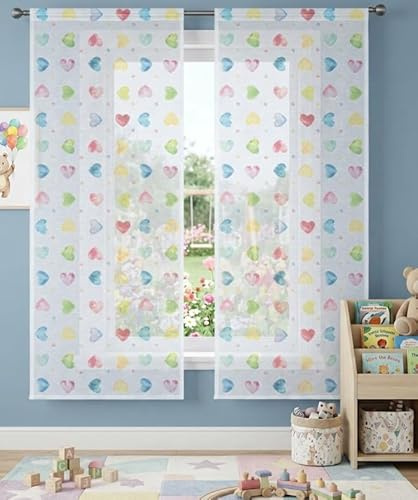 Tata Home Coppia Tende per Interni a Vetro Finestra Semitrasparenti Bianche Tendine Cameretta Bambini con Cuoricini Arcobaleno Misura 60x150 cm Mod. Giorgia B4