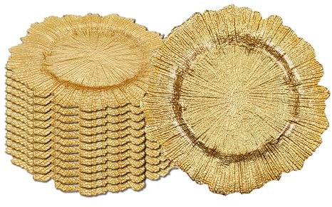 Trimming Shop Lot de 12 assiettes décoratives en verre au design vintage pour décoration de table à manger, mariage, anniversaire, fête, vaisselle, événements de restauration, 33 cm, or brillant