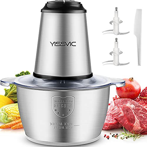 YISSVIC Tritatutto da Cucina Elettrico 2L, 500W, 2 Velocità, 2×4 Lame, Ciotola in Acciaio Inox, Anello Antiscivolo, Lavabile in Lavastoviglie, per Frutta Verdura Carne Spezie