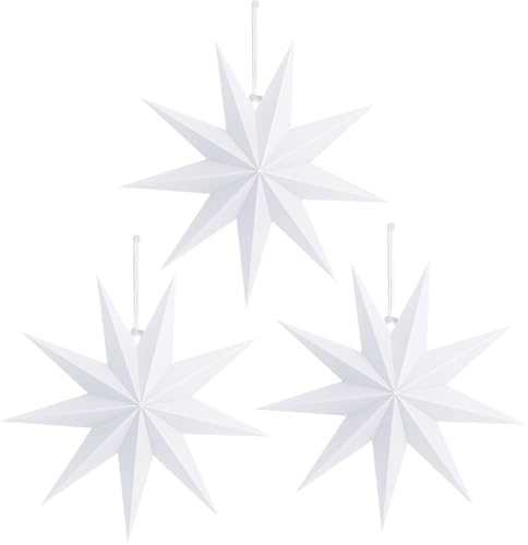 3 Pieces 9-Pointed White Paper Star Christmas Decorations Ceiling Tree Decorations Room Hanging Hanging Lampshade Christmas Holiday, Baby Shower,Weddings, Birthday Party Decorations (White)