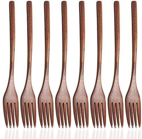 Paquete de 8 tenedores de madera, SourceTon 9 pulgadas de mango largo, reutilizables, estilo japonés, utensilios de cocina hechos a mano, tenedores de madera para pasta, fruta, ensalada, fideos