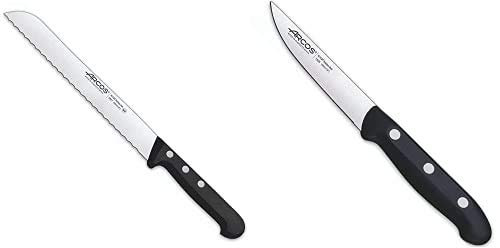 Arcos Serie Universal, Cuchillo Panero, Hoja De Acero Inoxidable Nitrum 200 Mm Con Alveolos + Maitre, Cuchillo Verduras, Acero Inoxidable Nitrum 100 Mm, Mango Polipropileno Negro