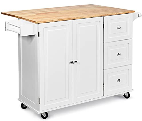 GOPLUS Küchenwagen mit erweiterter Tischplatte & Schubladen & verstellbare Ablage, Servierwagen mit Handtuchhalter & Gewürzregal, Kücheinsel auf Rollen, Platzsparend, Farbwahl (Weiß)