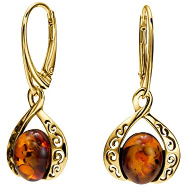 Copal Damen Ohrringe Aus Naturbernstein In 925 Sterlingsilber Vergoldet Mit Ornamentmuster