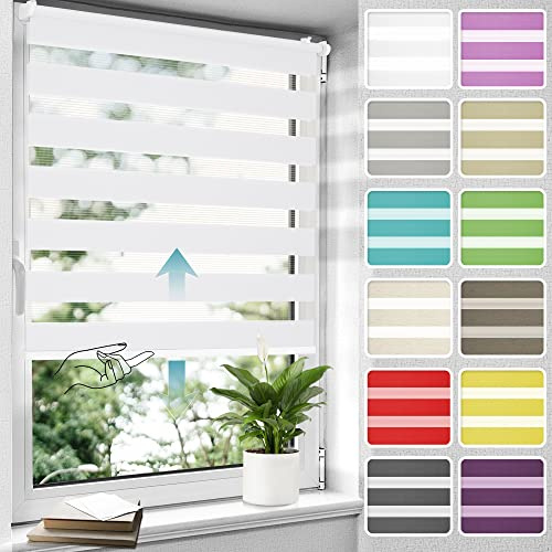 Allesin Doppelrollo schnurlos Klemmfix ohne Bohren Duo Rollos für Fenster, 60x120cm (Stoffbreite 60 cm) Weiß, Drücken Und Ziehen Springrollos Klemmrollo Fenster, Rollo ohne Schnur