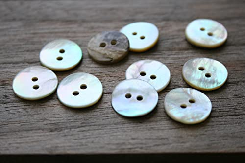 10 stycken, naturligt skimrande pärlemorknappar, 2 hål från europeisk tillverkning, platt i 10 storlekar pärlemor (14 mm)