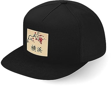 Lauthings Yokohama City Travel Japan Sakura Kanji Fullcap Art Flat Bill Snapback Cap, Nero , Etichettalia unica