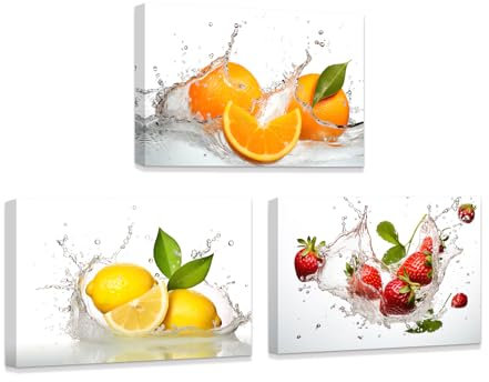 ZXHYWYM 3 Piece Kitchen Wall Art Fruit in Water Canvas Fresh Orange Lemon Strawberry Pictures Print Colorful Food Artwork for Canteen Restaurant Framed (B, (28x35cmx3))