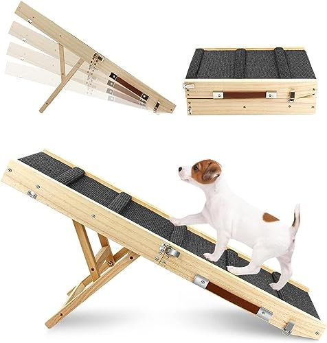 TINMAGI Hunderampe,Hundetreppe aus Holz,Tragbare Katzen Rampe für Bett Sofa, 4 Höhenverstellbare von 25CM bis 48CM mit Rutschfester Trittmatte, Hölzerne Haustierrampe Klappbar für Bett Oder Sofa