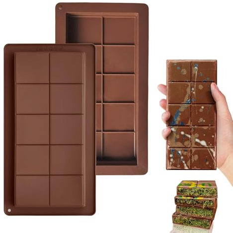 Aurobest 2pcs Deep Chocolate Bar Moulds, Silicone Thick Chocolate Mould, 20 Cavity Reusable Big Candy Moulds, Food Grade, DIY Making Set, Easy to Release, Dishwasher Safe (Brown)