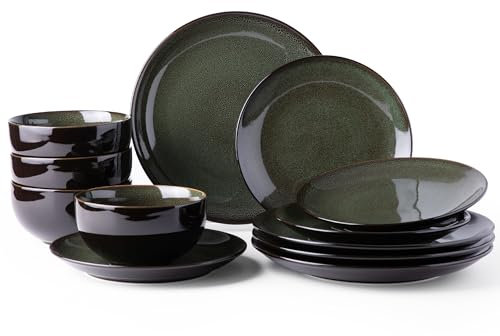 LeRatio Dinner Set for 4, 12 Piece Stoneware Plates and Bowls Set, Chip & Scratch Resistant Reactive Glazed Dinnerware Set, Dishwasher & Microwave Safe Crockery Set (Jade Green, Set of 12)