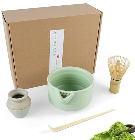 Matcha Whisk Set - Matcha Bowl and Bamboo Matcha Whisk, Scoop, Whisk Holder, 4pcs Perfect Matcha Starter Kit for Matcha Tea Ceremony (Green)