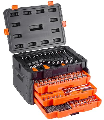 VEVOR Set di Utensili Meccanici e Set di Bussole, 450 Pezzi, Bussole Profonde e Standard da 6,4, 9,5 e 12,7 mm, Kit di Utensili Meccanici Metrici SAE con Punte, Chiavi, Accessori, Custodia Arancione