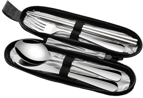 Set de Couverts de Voyage | Ustensiles de Table en Acier Inoxydable - Set de Coutellerie Réutilisable pour Voyage Camping Cuisine Extérieur Randonnée Lieu de Travail