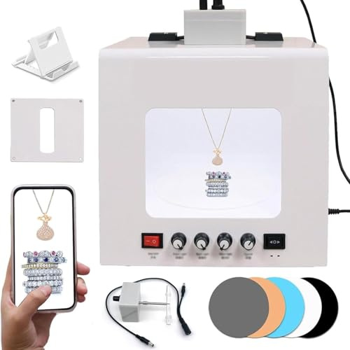 Scatola Luminosa per Foto Di Gioielli Con Giradischi Automatico E Supporto per Appendere, Tenda Softbox Dimmerabile per Riprese Di Gioielli, Supporto per Appendere O Posizionare Gioielli 20cm
