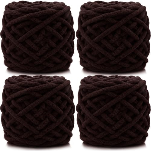 Lighterday 4 gomitoli di lana di ciniglia super grossa da 100 g, multicolore, per lavori a maglia, coperte, calze e sciarpe (marrone)