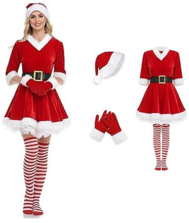 Costume Mère Noël pour Femme Adulte Déguisement Santa - Tenue de Noël Fête et de Spectacle du Père Noel, Chapeau,Gants,Chaussettes,Ceinture,Costume Élégant Noëls pour Soirée Festive