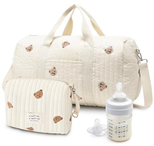 Wickeltasche Kliniktasche Födelse Stort 2-pack, Mommy Bag av bomull med broderi & björnmönster, resväska med axelrem & dragkedja, för födelse på sjukhus, resor, barnvagn