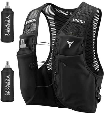 Breaking Limits Running Vest Men & Women - Hydration Vest - Running Vests | Lightweight Running Gear, Running Essentials, 2x500ml Soft Flask Water Bottles, Gifts for Runners, 6 Pockets, Reflective
