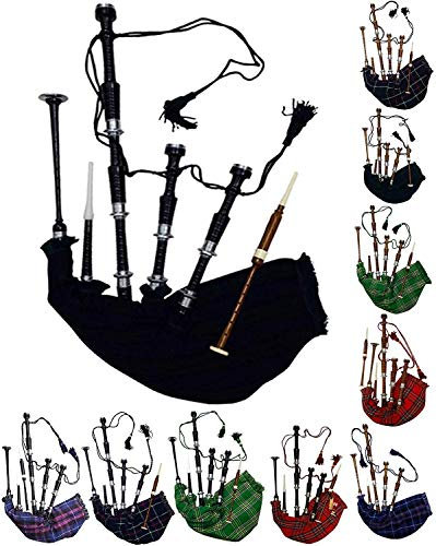 Schottischer Dudelsack in voller Größe, Palisanderholz oder braunes Finish mit silberfarbenen Halterungen, inklusive Anleitungsbuch, Tragetasche, Drohne, Schilfrohr (braun, nationalgrün)