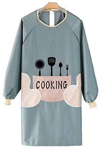 yeesn Long Sleeves Pockets Apron for Adults Artist Apron Kitchen Chef Smock for Cooking Gardening (Blue, Waterproof)