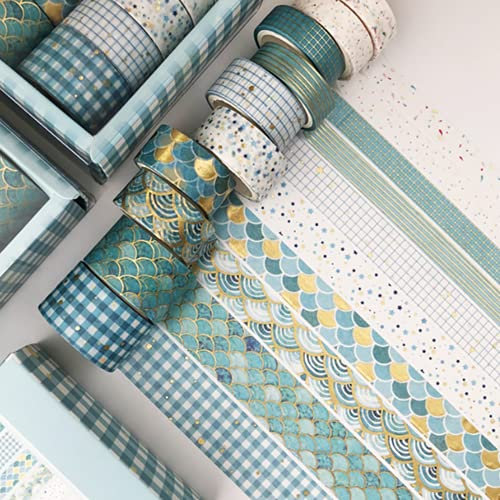 ASFINS Washi Tape Set, 10 Rollen Washi Aufkleber Dekoratives Klebeband, Gold Stamping Masking Tapes für Bastler, verschönert Journals, Planer, Karten und Scrapbooking, (10/15/20mm x 3m)-Blau