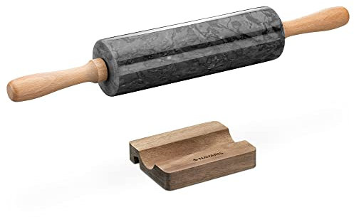 Navaris Teigrolle und Ablage - Marmor Stein Nudelrolle mit Holzgriffen - Set aus Nudelholz und Handy Halterung - Ständer für Fondantrollen - schwarz