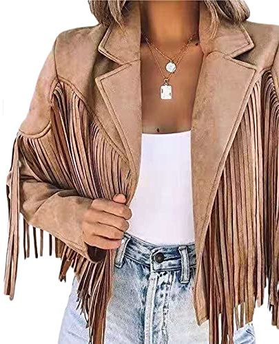Madger Women's Vintage Tassel Jackets Faux Suede Long Sleeve Cropped Coats Motor Biker Cardigan Outwears Hippie Y2k Streetwear (Coffee, M)