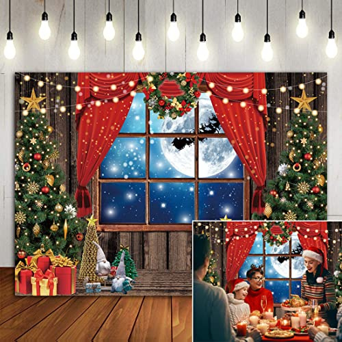 BINQOO 7x5ft Noël Rideau Rouge Toile de Fond Pleine Lune Ciel Étoilé Traîneau Renne Étincelle Arbre de Noël Bonne Année Cadeaux Photoshoot Photo Studio Accessoires