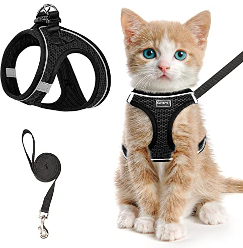 Kattsele och koppel set för promenader flyktsäker, justerbar kattunge väst sele reflekterande mjuk nät valpväst för utomhusbruk, bekväm passform, lätt att kontrollera